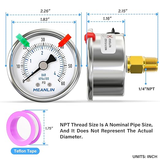 MEANLIN MEASURE 0~60Psi Dry Pressure Gauge Stainless Steel 1/4" NPT 2" FACE DIAL Waterproof for Pool Filter Pump Water Air Compressor Tire Pressure Tester Back Mount (with 2PCS Snaps)