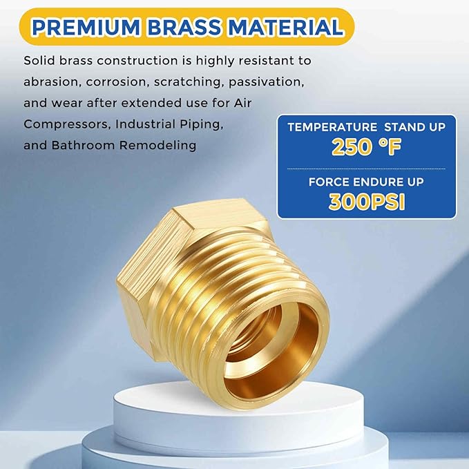 5 Pack Brass Pipe Fittings, 3/8" NPT Male to 1/8" NPT FeMale Brass Hex Bushing Reducer, Hose Tube Threaded Adapter for Air, Oil, LP