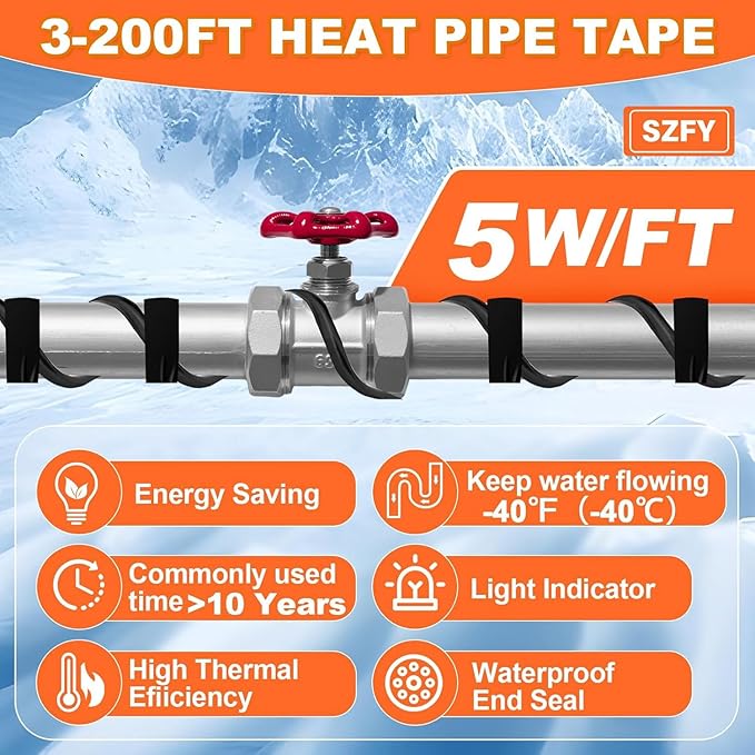 140FT Heat Tape for Water Pipes, -40°F Deicing Cable,Pipe Heating Cables for Roof,Gutter，Farm，Freeze Protetion Heat Trace Cable, Heated Water Hose,Plumbing Fixtures,120V 5W/FT