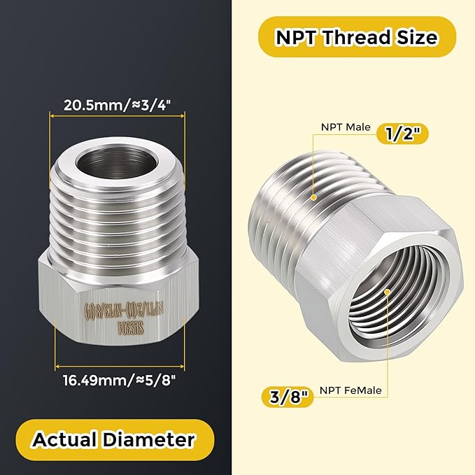 METALLIXITY 3PCS 1/2" Male NPT x 3/8" FeMale NPT Thread 304 Stainless Steel Hex Bushing Extension Tube Adapters Convert for Water Tub Spout/Shower