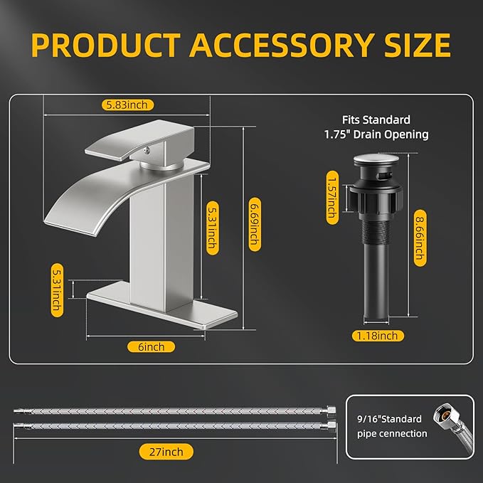 Bathroom Faucet Brushed Nickel Modern Waterfall Bathroom Sink Faucet with Single Handle Suitable for 1 or 3 Holes,Supply Deck Plate and Hose