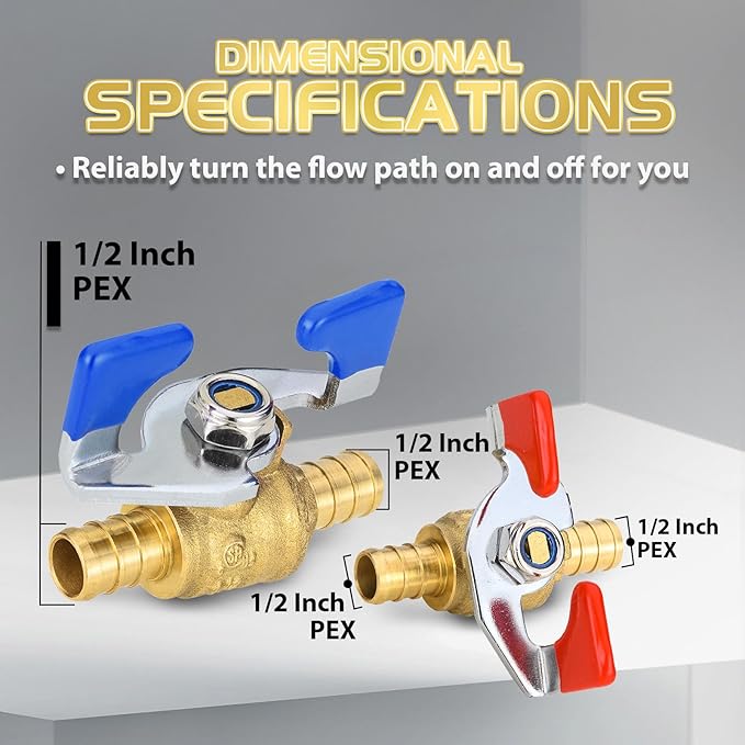 10PCS Foskan 1/2" PEX Crimp Ball Valve, Brass Full Port Shut-off Valve with Blue/Red Butterfly Handle for Portable Water Poject