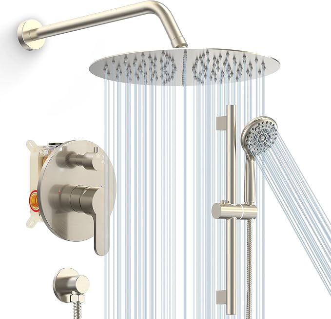 SR SUN RISE 12 Inch Rain Shower System, High Pressure Shower Heads and Handheld 6-Spray Combo Set Slide Bar Shower Faucets Sets Complete Included Valve and Trim Kit for Bathroom, Brushed Nickel