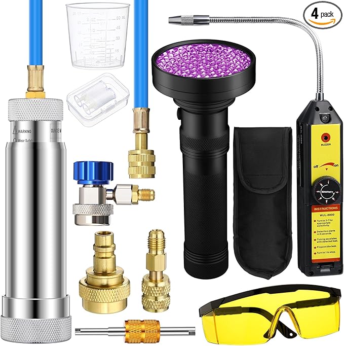 AC Leak Detector Kit, R1234yf R134a R410a AC Oil UV Dye Injector Kit Refrigerant Leak Detector Tool Low Side Quick Coupler Mini Split Adapter Glasses Flashlight(Simple)
