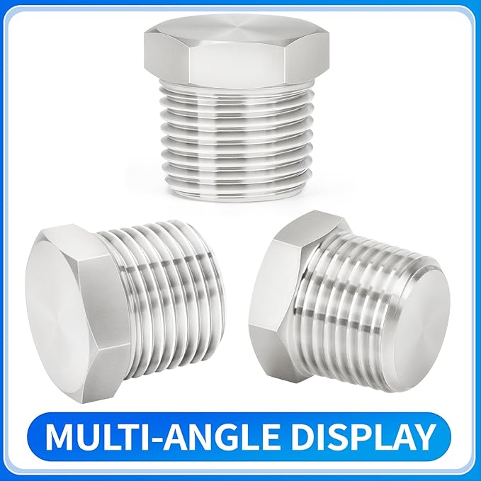 ChillWaves 304 Stainless Steel Pipe Fitting, Outer Hex Head Socket Pipe Plug Fitting，3/8" NPT Male，Thread Adapter(6-PACK)
