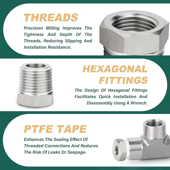 5PCS 304 Stainless Steel Reducer Hex Bushing, 3/4" NPT Male x 1/2" NPT Female, Reducing Pipe Adapter Fitting, for Air/Fuel/Water/Gas/Oil