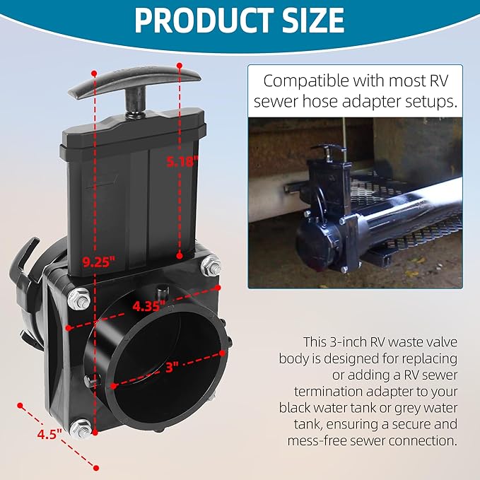 TonGass 3-Inch RV Waste Valve Body with Handle, Durable RV Sewer Valve Replacement for Campers, Trailers, and Motorhomes, Mess-Free Water Valves, Heavy-Duty Camper Sewer Pipe Fitting - Black