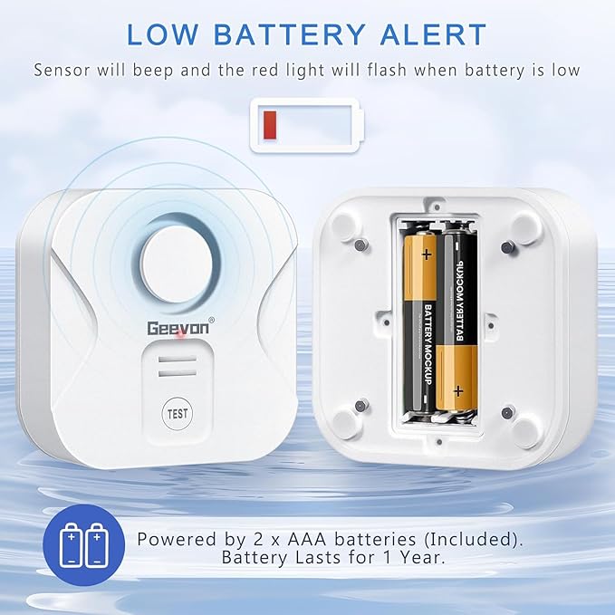 Geevon 10 Pack Water Leak Detectors for Home, 100dB Water Sensor Alarm Flood Leakage Detection Devices for Bathroom, Basements, Laundry Rooms, Kitchen, IP56 Waterproof(Battery＆Screwdriver Included)