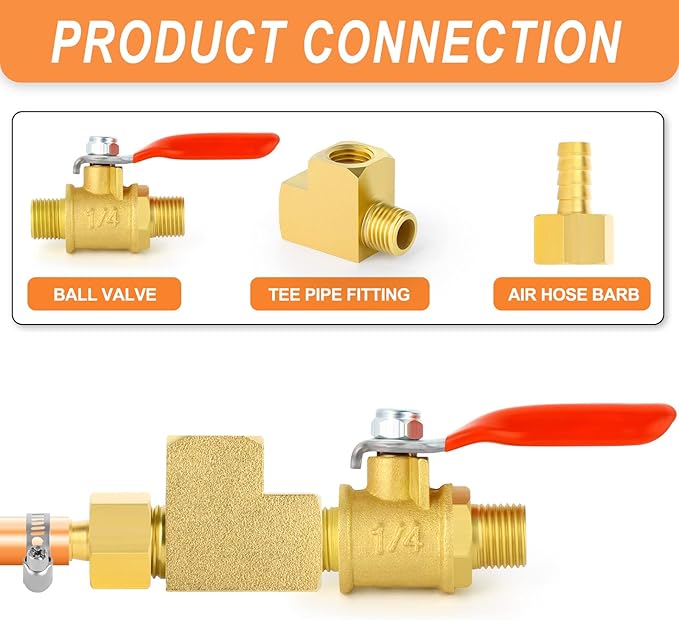 GASHER 1 Pcs Brass Tee Fitting, 1/4" FNPT x 1/4" FNPTx 1/4" MNPT Pipe Fittings, Male Run Tee