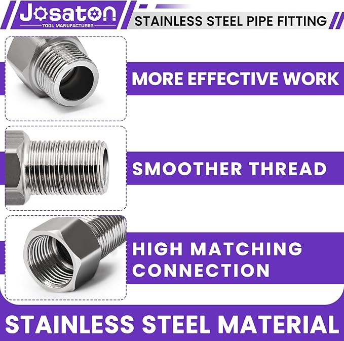 1/2" Male to 1/2" Female Pipe Extension Fitting, Josaton Stainless Steel Pipe Connector Fitting Hex Bushing Adapter for Tub Spout/Shower with Black Gaskets & Sealing Tape, 30MM/ 40MM/ 50MM Length