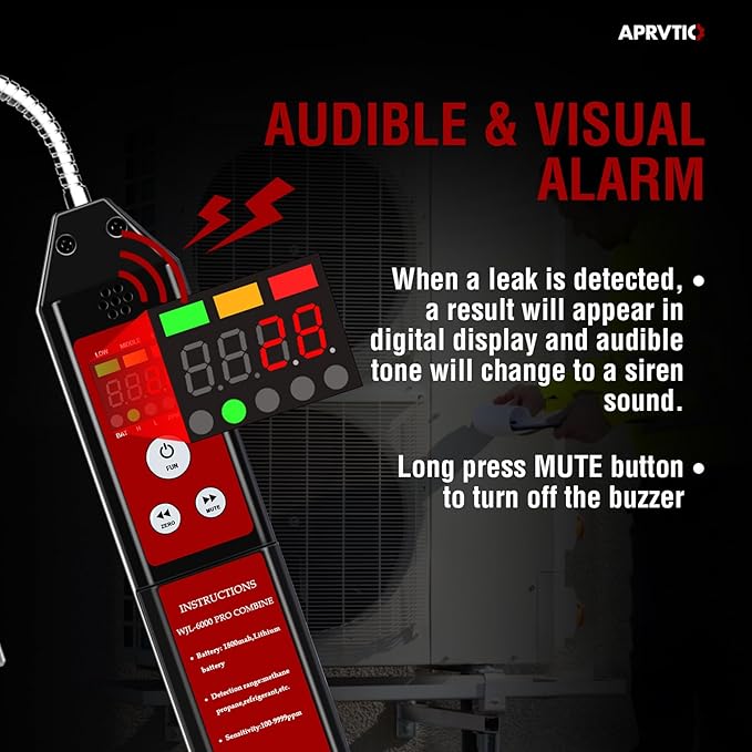 Refrigerant Leak Detector, Aprvtio New Upgrade WJL-6000PRO Freon Leak Detector with Loud Alarm, 1800mAh Rechargeable Battery, Freon Sniffer HVAC Halogen Gas Sniffer for R22 R410A R134A R454B