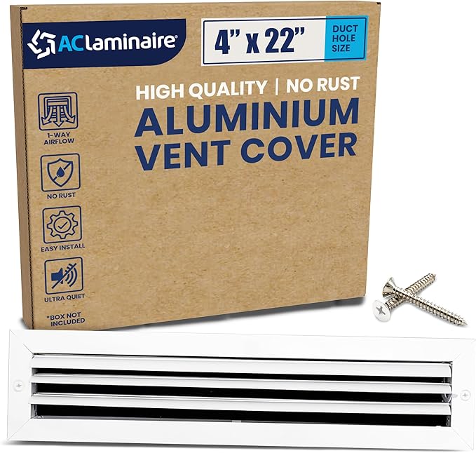 4x22 Inch (Duct Opening) Aluminum 1-Way Air Flow Vent – HVAC Vent Cover for Wall or Ceiling – Quiet HVAC Wall Register with Multi-Shutter Damper – Adjustable Curved Blade - Plastic Seal for Tight Fit