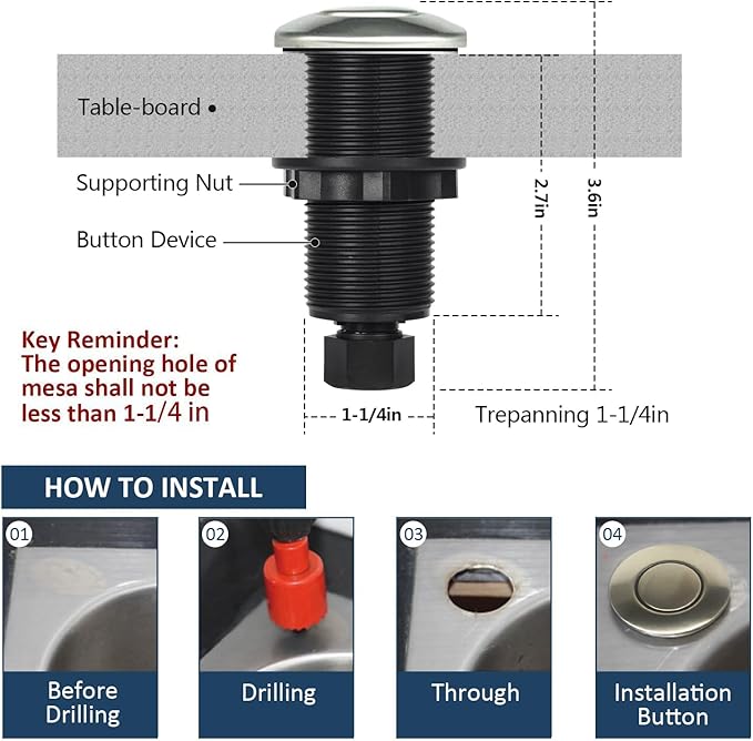 Garbage Disposal Air Switch Kit Sink Top Waste Disposal Long Stainless Steel Brushed Nickel On/Off Air Button Food and Waste Disposals Part by Etoolcity