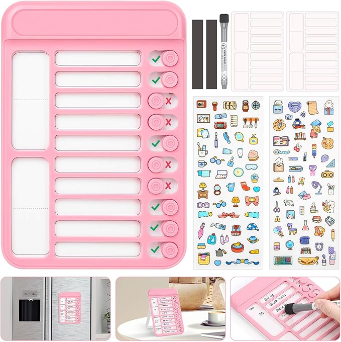 Audab Dry Erase Chore Chart for Kids, Magnetic Checklist Board, My Chores Slider Chart to Do List Board, Routine Reward Chart Schedule Board Task Tracker for Home Refrigerator, Wall, Desk (Pink)