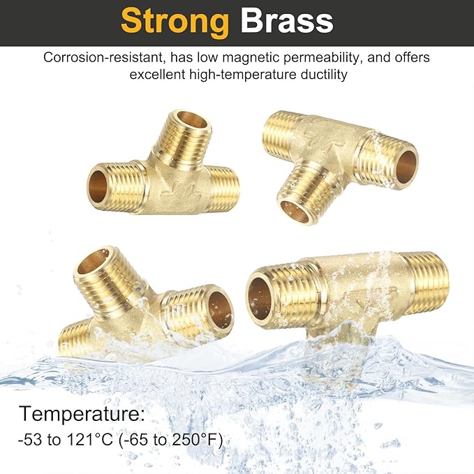 PATIKIL Brass Tee Fitting, 2Pcs 1/4" x 1/4" x 1/4" NPT Male Pipe 3 Way Forged Brass Barstock Street Tee Pipe Fittings for Water Gas Refrigeration