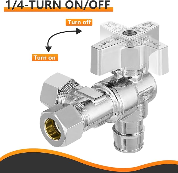 50-PCs HeSun PEX Expansion Inlet Angle Stop Valve, Quarter-Turn 1/2" PEX-A x 3/8" OD x 3/8" OD Compression, Dual Compression Outlet Shut Off Valve, Chrome Plated Brass, ASTM F1960(VALVE203-50)