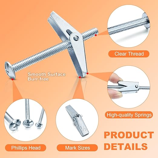 48PCS Toggle Bolt and Wing Nut Set, Hollow Wall Anchors, 1/8", 3/16", 1/4", Zinc Plated Steel Phillips Round Head Toggle Bolt and Wing Nut Assortment Kit for Hanging Heavy Items on Drywall
