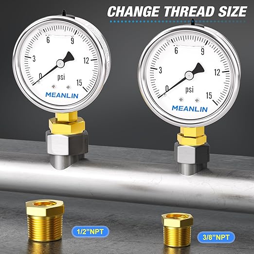 MEANLIN MEASURE 0~15Psi Stainless Steel 1/4" NPT 2.5" Single Scale FACE DIAL,Glycerin Filled Pressure Gauge, WOG Water Oil Air Lower Mount, with 1/4" x 1/2" NPT and 1/4" x 3/8" NPT Hex Bushing