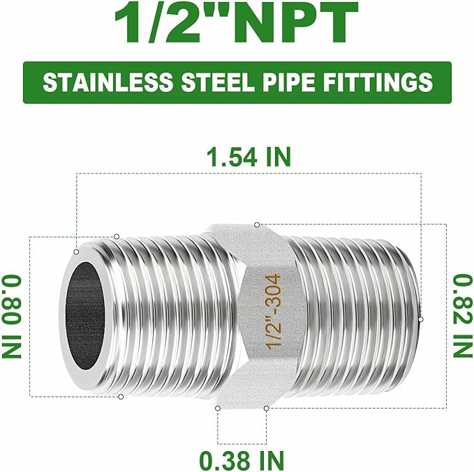 TAISHER 2PCS 304 Stainless Steel New Hex Nipple, 1/2" NPT Male x 1/2" NPT Male, Pipe Adapter Fitting