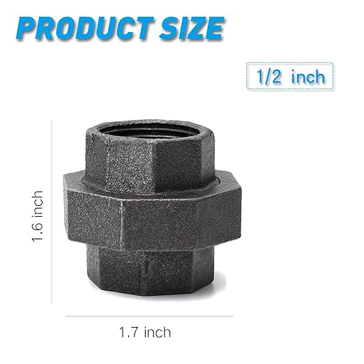 1/2" Cast Iron Union, Home TZH 10 Pack 1/2" Industrial Malleable Female Pipe Fitting Union for Industrial Vintage Style DIY Project/Furniture/Shelving Decoration (10, 1/2")