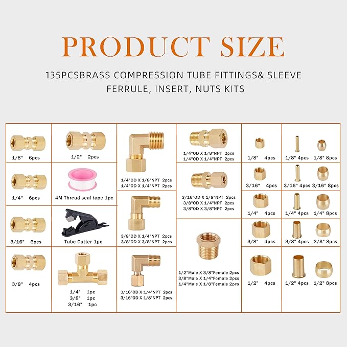 135PCS Brass Compression Tube Pipe Fittings Kits, 1/8" 3/16" 1/4" 3/8" 1/2" Union/Tee/Elbow/Straight Connector for Industrial Use and Trucks Trailers