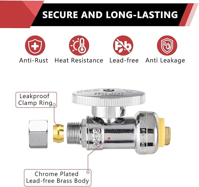 (Pack of 50) EFIELD Push Fit 1/4 Turn Straight Stop Valve Water Shut Off 1/2 Push x 3/8 Inch Compression Chrome with a Disconnect Clip,(PF-VALVE021-50PCS)