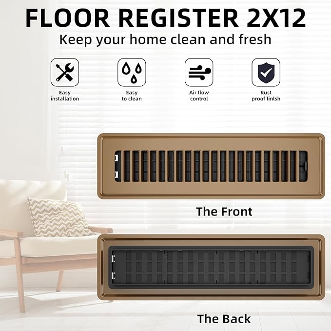 Floor Register 2x12, 4 Pack Floor Vent Covers for Home Floor Heavy Duty Steel Walkable Floor Vents Air Vent Covers for Sidewall and Floor, Brown