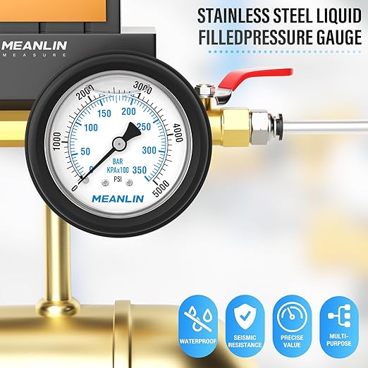 MEANLIN MEASURE 0~5000Psi Stainless Steel Liquid Filled Pressure Gauge 1/4" NPT 2.5" FACE DIAL with Rubber Protective Sleeve, Center Back Mount