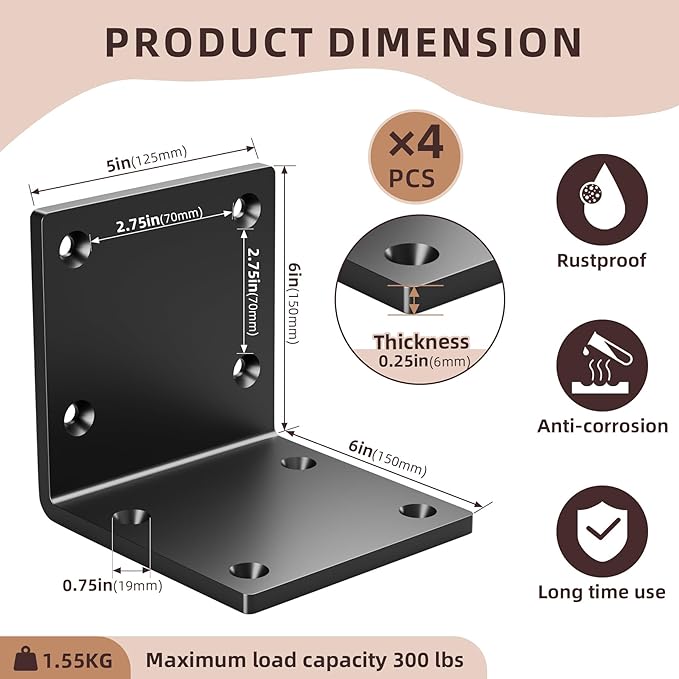 6" X 6" X 5" Heavy Duty Steel L Angle Bracket for Wood, Large 90 Degree Corner Shelf Support Bracket, 6x6 Post to Beam Connector, Thickness 1/4"(6mm), Max Load 300lbs-4 Pcs