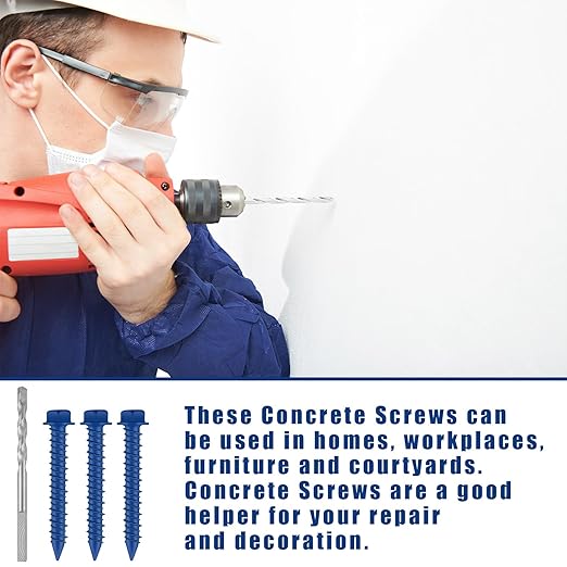 200 Qty 3/16" x 2-3/4" Hex Head Concrete Screws Anchor with Drill Bits Blue Slotted Hex Screws for Anchor Masonry, Block, Brick, Cement, Stucco, Diamond Point and Wood Fastening