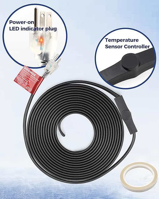 6FT Heat Tape for Water Pipes Electric Heat Tape for Water Pipe Freeze Protection, Heat Cable for Water Pipes Self-Regulating Heating Cable for Metal and Plastic Pipes, 8W/FT, 120V