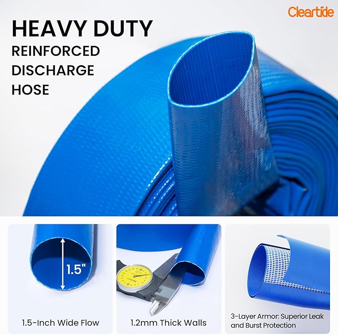 Cleartide Pool Backwash Drain Hose with Camlock Fittings, 1-1/2" x 25ft Heavy Duty Reinforced Blue PVC Lay Flat Discharge Hose for Pump, Pool Drainage, Includes 150F Adapter & Stainless Steel Clamp
