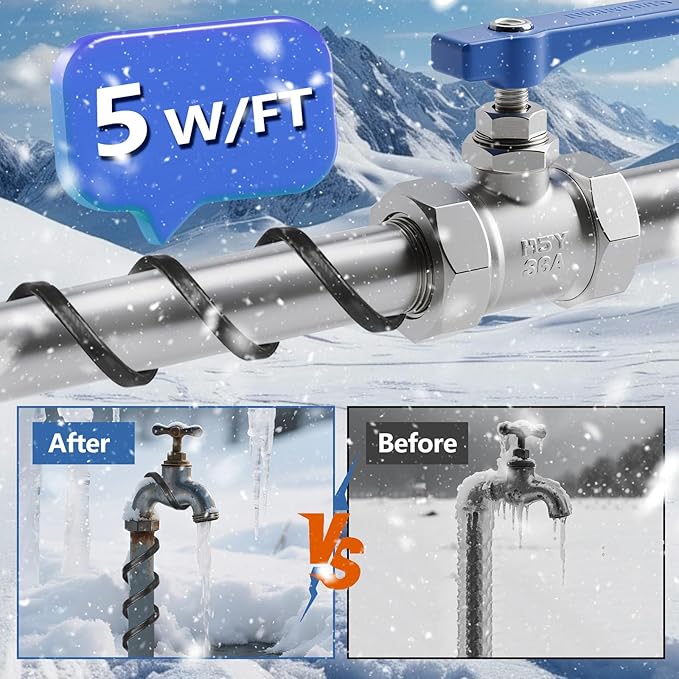 110FT（3FT-200FT） Pipe Heating Cable for Pipe Freeze Protection, Heat Cable for Water Pipes(Metal and Plastic), Pipe Heat Tape Keeps Water Flowing at -40°F 5w/ft, 120V Plumbing fixture