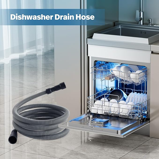 Dishwasher Drain Hose, 10 FT Corrugated & Flexible Dishwasher Hose Drain Replacement with Clamps, Discharge Hose,Fits 11/16",1",1-1/8" Dishwasher End (Feet, 10)