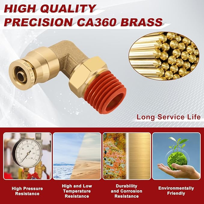 1/4" Quick Push to Connect Fittings Brass 90 Degree Union Swivel Elbow Joint DOT Approved 1/4" Tube OD x 1/4" NPT Thread Air Brake Line Adapter Air Suspension Kit for Car Truck Trailers 5pcs