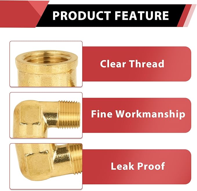 (Pack of 2) EFIELD 1/2" MNPT X1/2" FNPT 90 Degree Barstock Street Elbow, Female to Male Brass Pipe Fittings,(NPT121)