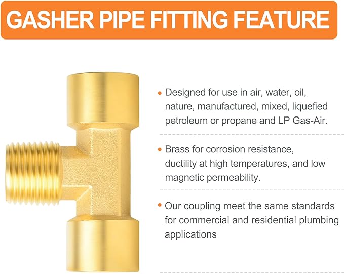 GASHER 2PCS Metals Brass Pipe Fitting Barstock Male Branch Tee T Adapter 1/8" NPT Female x 1/8" NPT Female x 1/8" NPT Male