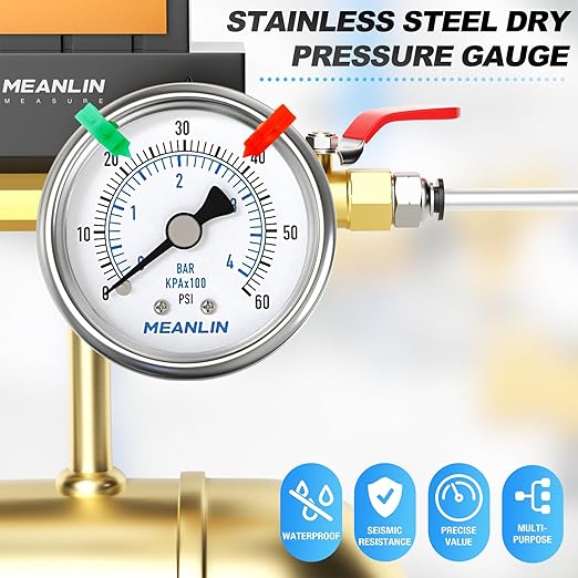 MEANLIN MEASURE 0~60Psi Dry Pressure Gauge Stainless Steel 1/4" NPT 2" FACE DIAL Waterproof for Pool Filter Pump Water Air Compressor Tire Pressure Tester Back Mount (with 2PCS Snaps)