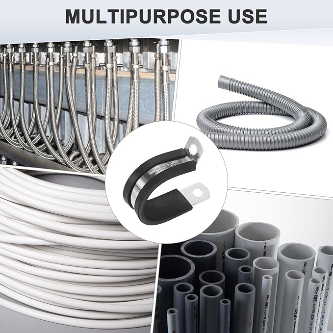 12-Pack Cable Clamps, 1-3/32 Inch/ 28 mm 304 Stainless Steel Rubber Cushioned Insulated Cable Clamp R Shape Metal Holder for Tube/Wire/Pipe/Loop Installation