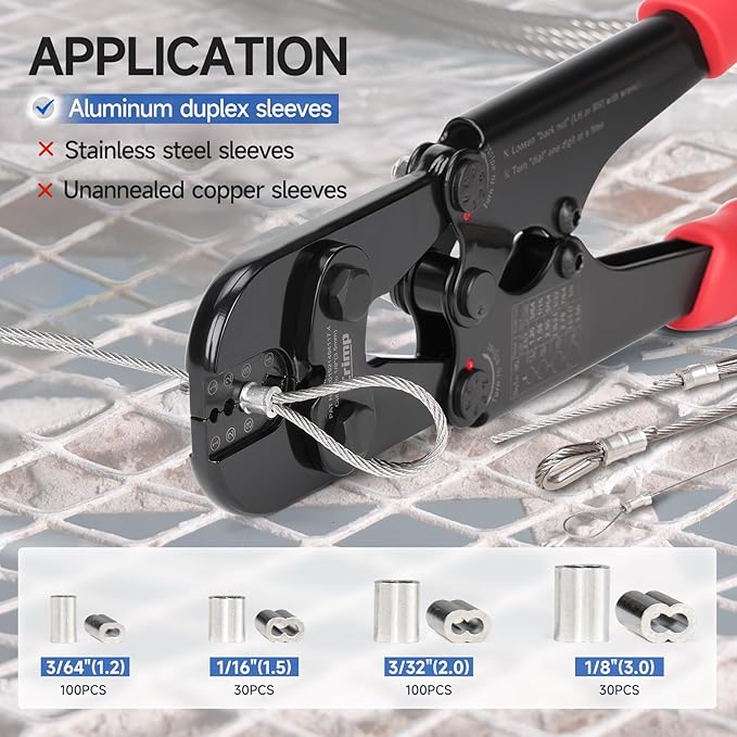 iCrimp Wire Rope Crimping Tool with Build-in Cutter, 3/64-inch to 1/8-inch, Swager Kit Includes 330pcs Loop Sleeve and 45pcs Stainless Steel Thimble and 15m Wire Rope IWS-1608MC