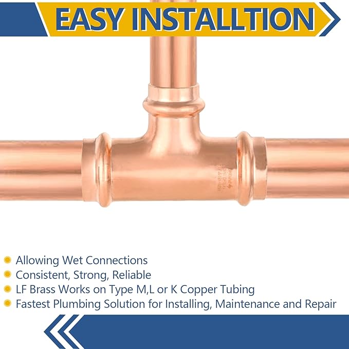 20-Pack GUOFIS Copper Press Tee,1" x 1" x 3/4" Tee Fittings for Copper Tube Connection with Stop(PRESS010-20Pack)