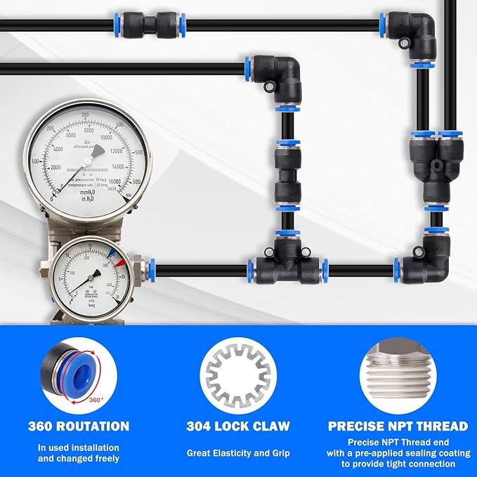 55 Pcs Air Line Tubing Kit,1/8"1/4"3/8"1/2" Air Line Quick Connect Air Hose Fittings with 1/4" OD x 50 FT (15m) DOT Air Line & 3/8" OD x 32.8 FT (10m) for Pneumatic System Or Fluid Transfer