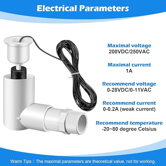 4 Pack SS2 Float Switch for Easy Installation, AC Float Switch with 3/4 Inch Adaptor and 6ft Wire, Water Level Accessory for HVAC System with Condensate Overflow Detection