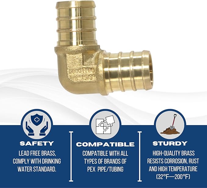XFITTING Pex 5/8 Inch x 5/8 Inch Pex Elbow Brass Crimp Fitting, 25-6-1=10X, 10 Pieces