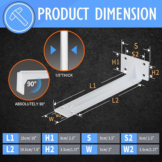 CLT Shelf Bracket( White) , 10” Quarter Inch (1/5") Thick- Max Load: 330 lb Rustic Industrial Modern Farmhouse Heavy Duty Corner Brace Joint Right Angle Bracket for DIY Table Bench, Pack of 6