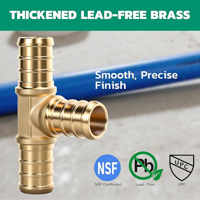PEX Fittings 1/2 Inch, 24PCS Tee Lead-Free Brass Connectors for PEX B Pipe, NSF UPC Certified, ASTM F1807, Compatible with Crimp/Clamp Rings (Hot/Cold Water, Hydronic Heating)