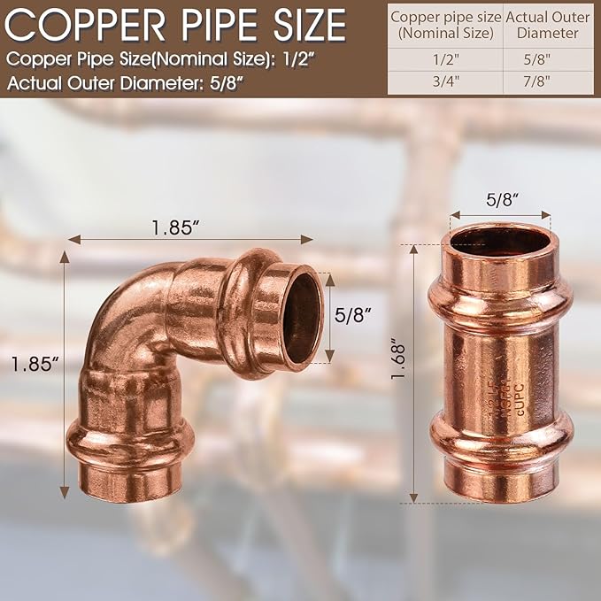 Copper Press Fittings 1/2inch Copper Coupling with Stop&Copper 90 degree Elbow with 1/2”PxP&1/2"Coppers Press Tee Fitting,6PKPress Fittings Coupling+6PK 90 Degree Elbow+3PK Coppers Tee Fitting,OD 5/8"