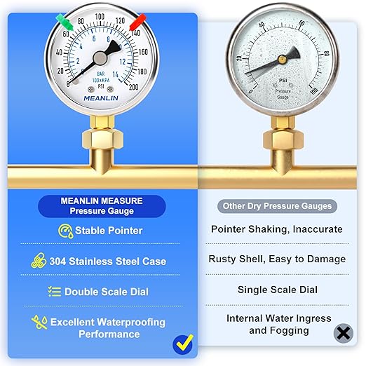 MEANLIN MEASURE 0~200Psi Dry Pressure Gauge Stainless Steel 1/4" NPT 2" FACE DIAL Waterproof for Air Compressor Air Regulator Water Filter Lower Mount (with 2PCS Snaps)