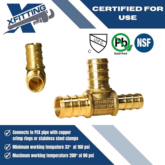 XFITTING 1/2 inch x 3/8 inch x 1/2 inch Pex Tee, Pex B Reducing Tee Crimp Version 26-6-4=25X, 25 Pieces
