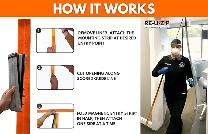 RE-U-ZIP® Self-Closing Magnetic Entry Strip | Hands-Free Dust Barrier Zipper Alternative for Plastic Sheeting | Reusable, Custom Placement & Works Under Negative Air | PRO Bundle